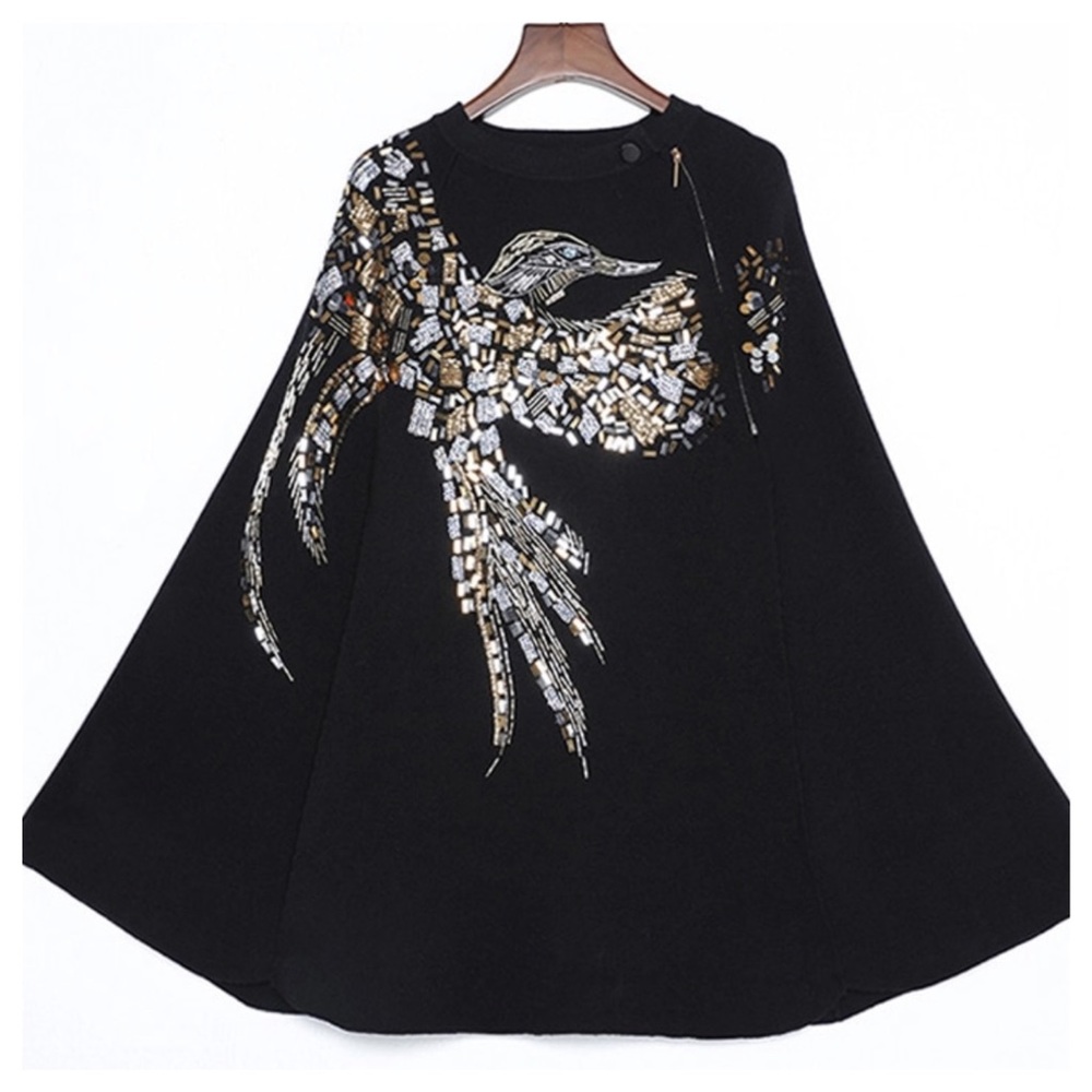 Black Soft Sequin Cape Poncho - Picture 3 of 8